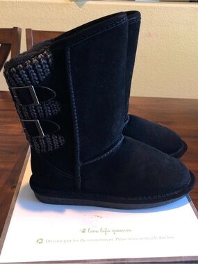 BearPaw Black Suede Knit-Trim Girls' Winter Boots